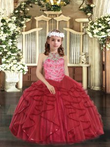 Most Popular Sleeveless Tulle Floor Length Lace Up Little Girl Pageant Dress in Red with Beading and Ruffles