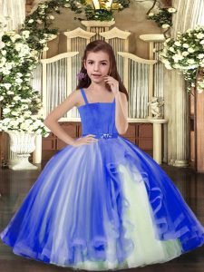 Latest Blue Lace Up Girls Pageant Dresses Beading Sleeveless Floor Length