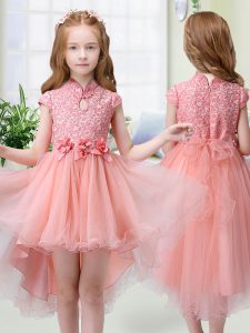 Discount Cap Sleeves Zipper High Low Lace and Hand Made Flower Flower Girl Dress