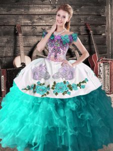 Best Floor Length Aqua Blue Ball Gown Prom Dress Off The Shoulder Sleeveless Lace Up