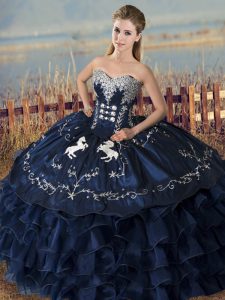 Comfortable Sleeveless Satin and Organza Floor Length Lace Up Vestidos de Quinceanera in Navy Blue with Embroidery and Ruffles