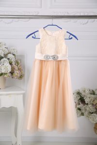 Cheap Tulle Scoop Sleeveless Zipper Lace and Belt Flower Girl Dresses for Less in Peach