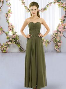 Olive Green Chiffon Lace Up Sweetheart Sleeveless Floor Length Wedding Party Dress Ruching