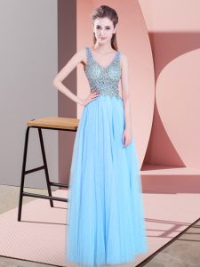 Clearance Sleeveless Tulle Floor Length Zipper Evening Outfits in Baby Blue with Beading