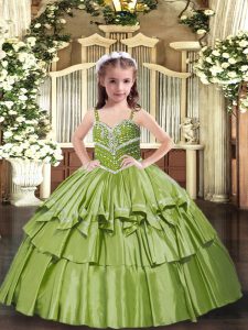 Olive Green Straps Neckline Beading and Ruffled Layers Little Girl Pageant Gowns Sleeveless Lace Up