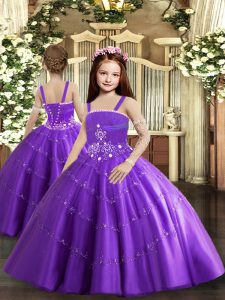 On Sale Purple Sleeveless Floor Length Beading and Ruffled Layers Lace Up Little Girl Pageant Dress