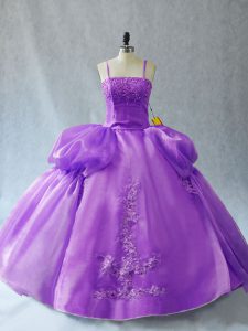 Custom Fit Lavender Ball Gowns Spaghetti Straps Sleeveless Organza Floor Length Lace Up Appliques Quinceanera Gowns