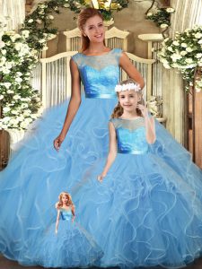 Trendy Baby Blue Sleeveless Lace and Ruffles Floor Length Quinceanera Dress