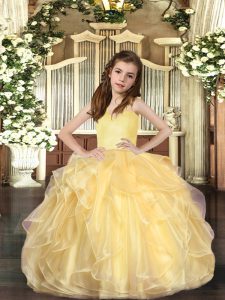Fashion Ball Gowns Evening Gowns Gold Straps Organza Sleeveless Floor Length Lace Up
