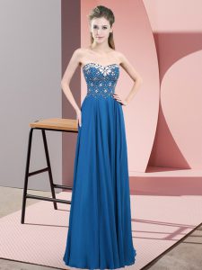 Blue Sleeveless Beading Floor Length Prom Dress