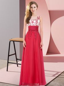 Cute Scoop Sleeveless Wedding Party Dress Floor Length Appliques Red Chiffon