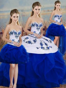 Eye-catching Royal Blue Sleeveless Embroidery and Ruffles and Bowknot Floor Length Sweet 16 Dresses