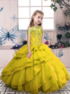Organza High-neck Sleeveless Side Zipper Beading and Ruffled Layers Pageant Dresses in Olive Green