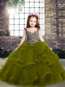 Amazing Organza Straps Sleeveless Lace Up Beading and Ruffles Little Girls Pageant Dress Wholesale in Olive Green