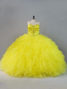 Gorgeous Sweetheart Sleeveless Lace Up Ball Gown Prom Dress Yellow Tulle