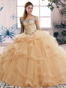 Customized Floor Length Lace Up Sweet 16 Dresses Champagne for Military Ball and Sweet 16 and Quinceanera with Beading and Ruffles