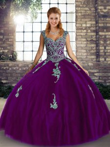 Purple 15th Birthday Dress Military Ball and Sweet 16 and Quinceanera with Beading and Appliques Straps Sleeveless Lace Up