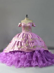 Lavender Quince Ball Gowns Sweet 16 and Quinceanera with Beading and Embroidery and Ruffles Off The Shoulder Sleeveless Chapel Train Lace Up