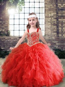 Superior Floor Length Red Little Girl Pageant Gowns Tulle Sleeveless Beading and Ruffles