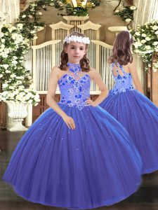 Wonderful Blue Halter Top Neckline Appliques Child Pageant Dress Sleeveless Lace Up