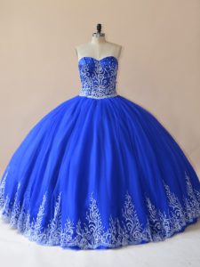 Low Price Sleeveless Tulle Floor Length Lace Up Quince Ball Gowns in Royal Blue with Embroidery