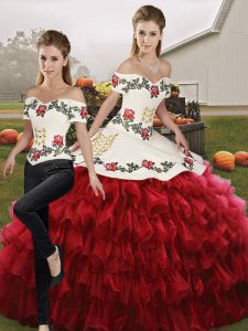 Excellent Wine Red Quinceanera Dress Military Ball and Sweet 16 and Quinceanera with Embroidery and Ruffled Layers Off The Shoulder Sleeveless Lace Up