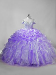 Lavender Sleeveless Beading and Ruffles and Pick Ups Lace Up 15th Birthday Dress