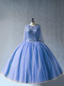 Sophisticated Blue Scoop Neckline Beading Ball Gown Prom Dress Long Sleeves Lace Up