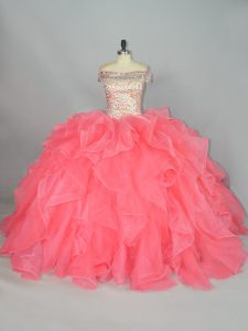 Modest Off The Shoulder Sleeveless Lace Up Sweet 16 Quinceanera Dress Watermelon Red Organza