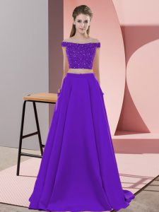 Purple Two Pieces Off The Shoulder Sleeveless Elastic Woven Satin Sweep Train Backless Beading Dress for Prom
