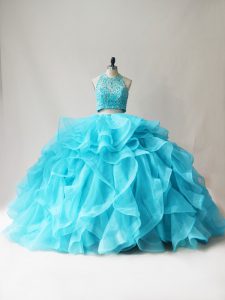 Aqua Blue Sleeveless Floor Length Beading and Ruffles Lace Up 15th Birthday Dress