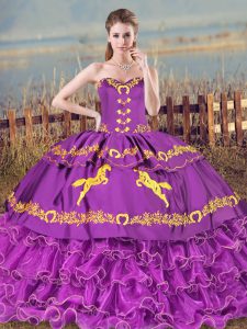 Purple Sleeveless Embroidery and Ruffled Layers Lace Up 15 Quinceanera Dress