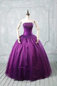 Purple Lace Up Strapless Beading Sweet 16 Dress Organza Sleeveless