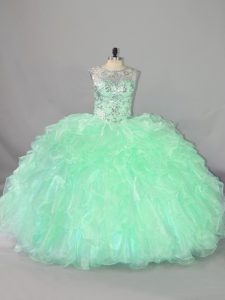 Floor Length Lace Up Sweet 16 Dresses Apple Green for Sweet 16 and Quinceanera with Beading and Ruffles