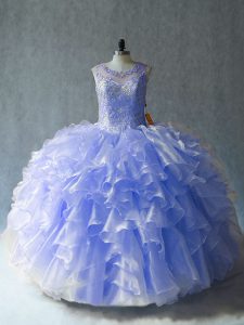 Deluxe Lavender Ball Gowns Beading and Ruffles 15 Quinceanera Dress Lace Up Organza Sleeveless Floor Length