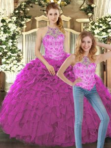 Cute Sleeveless Floor Length Beading and Ruffles Lace Up Sweet 16 Dress with Fuchsia