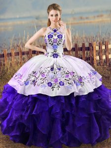 Elegant Ball Gowns Sweet 16 Dress White And Purple Halter Top Organza Sleeveless Floor Length Lace Up