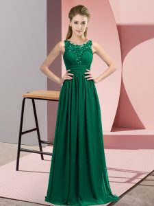 Unique Sleeveless Chiffon Floor Length Zipper Bridesmaid Dress in Peacock Green with Beading and Appliques