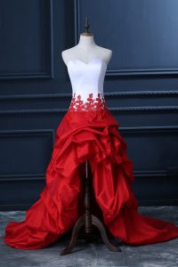 Enchanting White And Red Homecoming Dress Prom and Party and Military Ball with Lace and Appliques and Pick Ups Sweetheart Sleeveless Lace Up