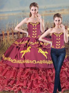 Dazzling Embroidery and Ruffles Quinceanera Dresses Burgundy Lace Up Sleeveless Brush Train