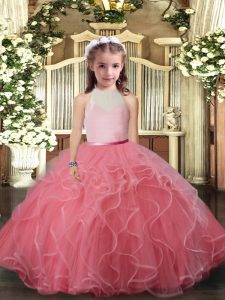 Watermelon Red High-neck Backless Ruffles Pageant Gowns For Girls Sleeveless