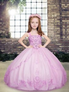 Hot Sale Lilac Straps Neckline Beading Girls Pageant Dresses Sleeveless Lace Up