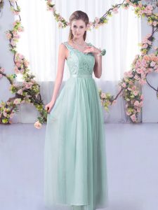 Floor Length Side Zipper Quinceanera Court of Honor Dress Light Blue for Wedding Party with Lace and Belt