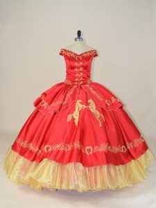 Fitting Red Satin and Organza Lace Up Off The Shoulder Sleeveless Floor Length Quinceanera Gowns Embroidery