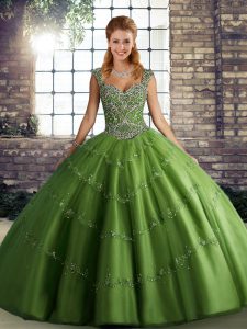 Custom Fit Straps Sleeveless Quinceanera Dresses Floor Length Beading and Appliques Green Tulle