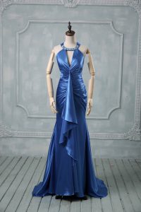 Custom Made Blue Criss Cross Dress for Prom Beading and Ruching Sleeveless Brush Train