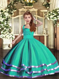Sleeveless Organza Floor Length Lace Up Pageant Dress Womens in Turquoise with Ruffled Layers