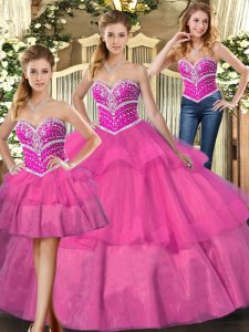 Amazing Sleeveless Tulle Floor Length Lace Up Ball Gown Prom Dress in Lilac with Beading and Ruffled Layers