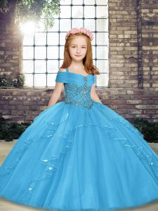Fantastic Straps Sleeveless Little Girl Pageant Gowns Floor Length Beading Blue Tulle