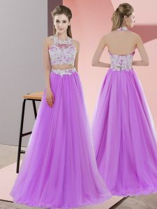 Lavender Zipper Halter Top Sleeveless Floor Length Quinceanera Court Dresses Lace